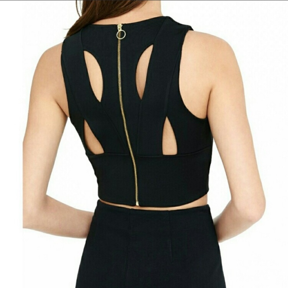 Express Black Faux Wrap Cut-out Crop Top, back exposed zipper, Women’s S